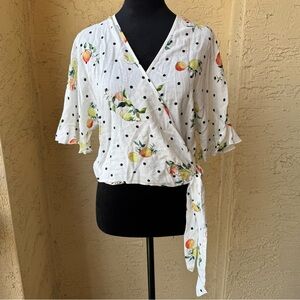 Rails Athena Top Polka Dot Citrus Print Sz M Linen Blend Wrap Ruffle Sleeve